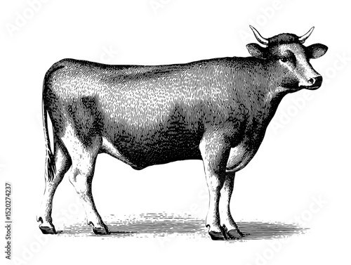 Detailed vintage engraving of a standing cow, showcasing intricate textures and patterns with a classic feel perfect for artistic endeavors