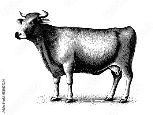 Vintage engraved illustration of a cow showcasing classic design elements for unique decorative purposes