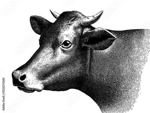 Vintage engraved illustration of a cow head showcasing artistic details and elegance in design from the classic collection