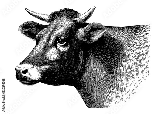 Vintage engraved illustration of a cow capturing the essence of pastoral life