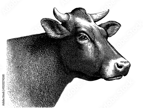 Engraved vintage emblem showcasing a detailed cow illustration for artisan branding and design purposes