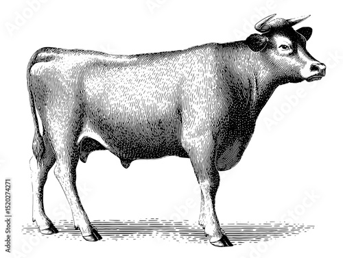 Vintage engraved illustration of a cow showcasing classic design and timeless artistry for a unique collection or trademark