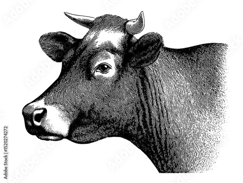 Vintage engraved illustration of a cow showcasing the beauty of timeless design elements influenced by agricultural themes