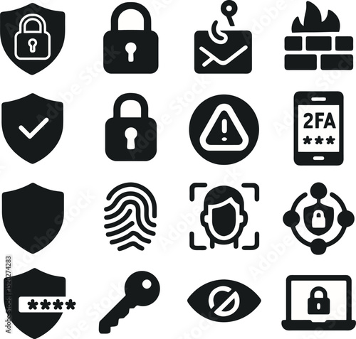 cybersecurity icons in black. digital lock, shield, firewall, fingerprint, 2FA, encryption, facial recognition, and privacy-related vector symbols.