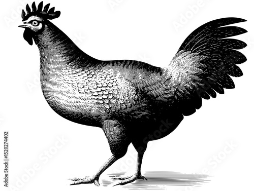 Engraved vintage illustration of a majestic rooster showcasing intricate details in feather design and proud stance
