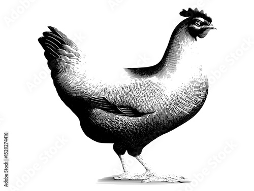 Vintage engraved illustration of a proud chicken showcasing detailed craftsmanship in a timeless style