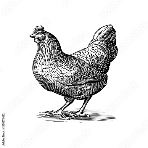 Vintage engraved illustration of a proud hen captured in a timeless design for a classic collection