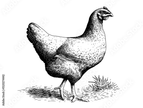 Vintage engraved illustration of a proud rooster standing gracefully amidst lush grass in a serene countryside setting