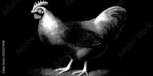 Vintage engraved illustration of a detailed rooster in a classic design style, celebrating traditional artistry and nature's beauty