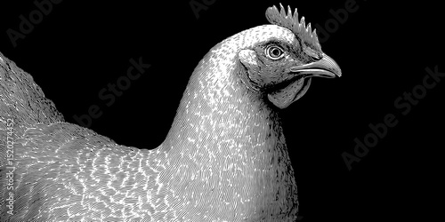 Vintage engraved illustration of a majestic chicken, highlighting intricate details and fine lines in a classic design style