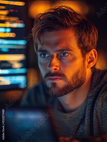 Serious Male Programmer Focused on Coding and Cybersecurity at Night in a Modern Workspace
