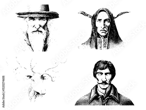 Vintage engraved illustration featuring unique portraits of diverse characters and a deer head in an artistic collection