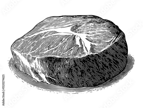 Vintage engraved illustration of a delicious round cut of meat showcasing intricate details and textures