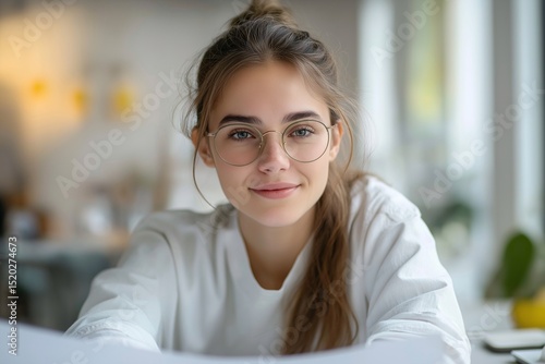 Cheerful Young Woman in Glasses, Brunnette Student Reading in Casual Attire at Home Office