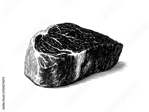 Vintage engraved illustration of a delicately marbled piece of beef for culinary design enthusiasts and vintage collectors