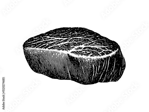 Vintage engraved illustration of a piece of meat showcasing intricate details and textures for culinary design inspiration