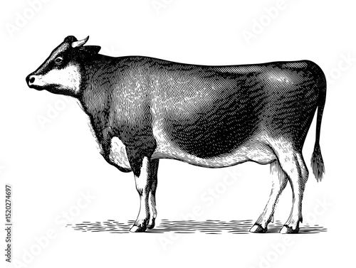Elegant vintage engraving of a standing cow showcasing fine details in design and craftsmanship for classic collections
