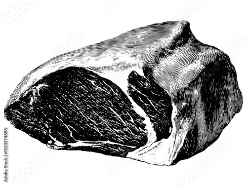 Engraved vintage illustration of a prime cut of meat showcasing artisanal food craftsmanship and classic design elements