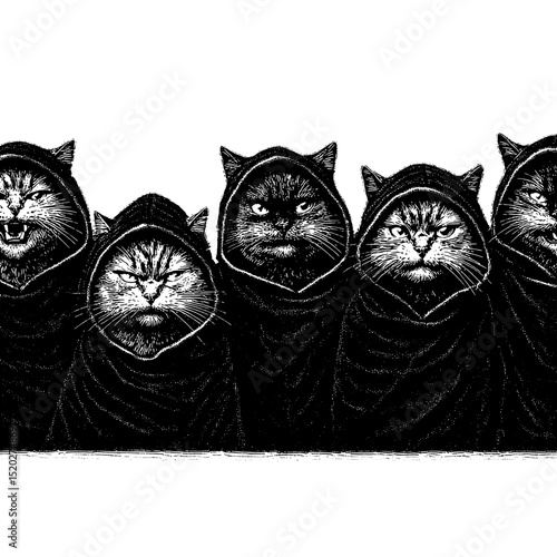 Mysterious feline figures in cloaks gather with an air of intrigue and vintage elegance