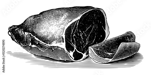 Engraved vintage illustration of a sliced ham showcasing intricate details and textures in an elegant design