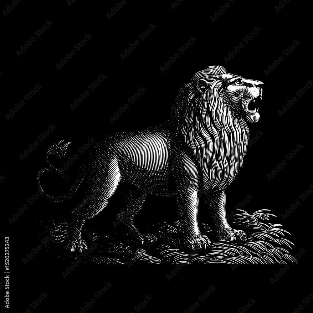 Obraz premium Majestic vintage lion emblem showcasing detailed engraving with a striking presence in classic design