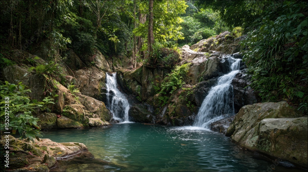 Fototapeta premium Twin waterfalls flow into a turquoise pool, surrounded by lush rainforest. Nature's serene beauty in a tropical paradise.