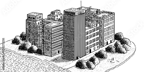 Engraved vintage emblem showcasing a detailed architectural design with buildings and surrounding nature elements