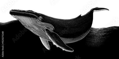 Discover vintage engraved illustration of a majestic whale in its natural habitat, showcasing intricate details and artistry