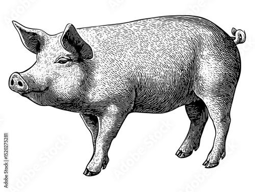 Vintage engraved illustration of a realistic standing pig in artistic detail showcasing its anatomy and texture within a rustic design context