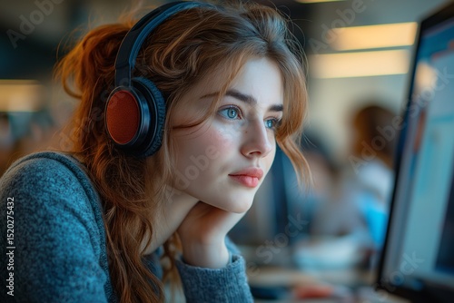 Student Wearing Headphones Focused at Computer in Modern Workspace. Candid Portrait of a Teenager Engaged in Education and Technology