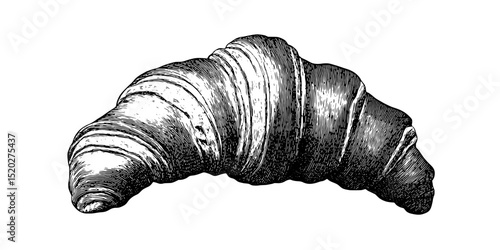 Elegant vintage engraved illustration of a croissant showcasing artisanal craftsmanship and traditional baking techniques