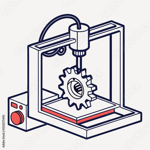 Flat vector icon of a 3D printer printing a gear, symbolizing advanced manufacturing, tech-focused