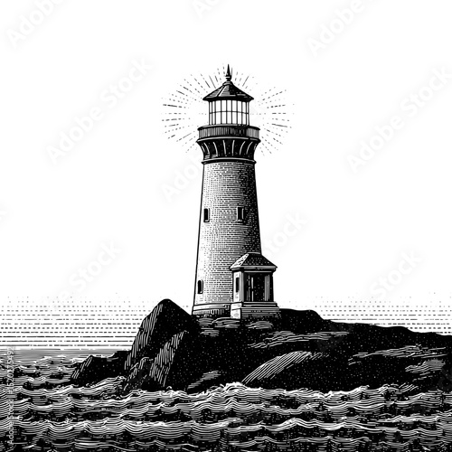 Vintage engraved illustration of a lighthouse standing proud on rocky shores amidst crashing waves in a serene coastal landscape