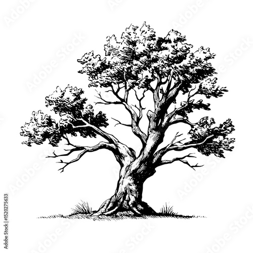 Vintage engraved illustration of a majestic tree with intricate details, perfect for design enthusiasts and collectors
