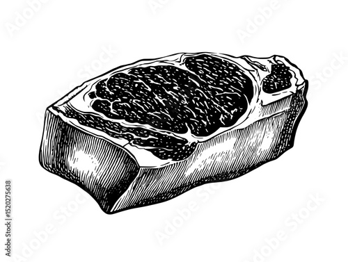 Vintage engraved illustration of a raw meat cut showcasing intricate details and textures reflecting culinary artistry