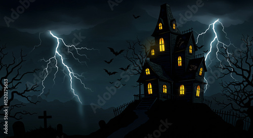 Spooky halloween haunted house stormy night bats