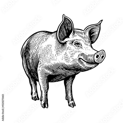 Vintage engraved emblem of a cheerful pig reflecting rustic charm and timeless artistry for unique product designs