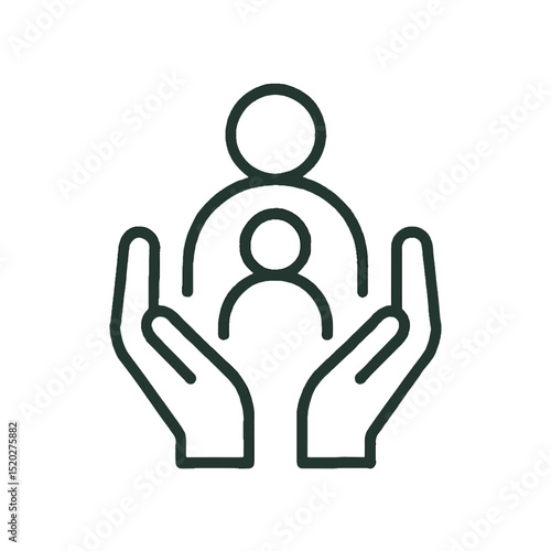 Line icon of hands holding family figures symbolizing care, protection  and guardianship
