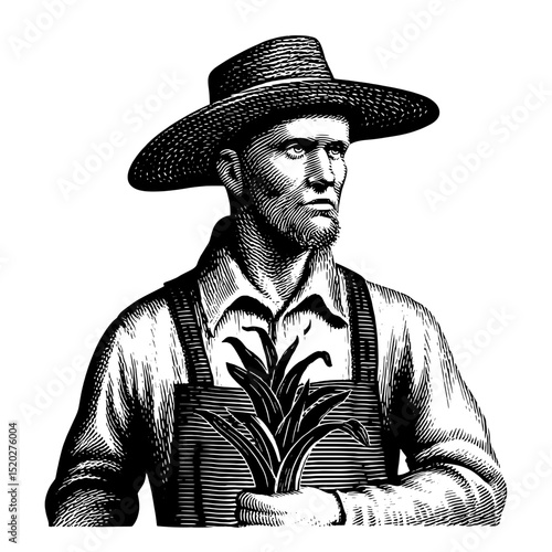 Engraved vintage emblem featuring a farmer holding a plant with detailed illustrations of agricultural life from a bygone era