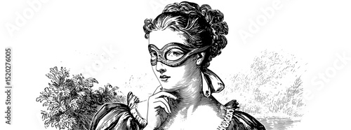 Vintage engraved illustration of a mysterious woman in a masquerade mask captured in a classic art style