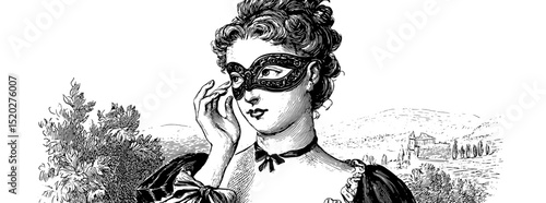 Vintage engraved illustration of a masked woman in an enchanting landscape revealing her identity in a graceful manner