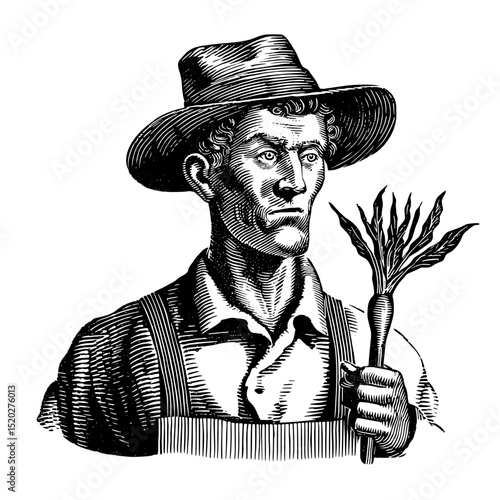Vintage engraved illustration of a farmer holding a carrot, capturing the essence of agricultural life in a rustic style