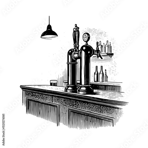 Vintage engraved illustration of a classic bar tap with artisanal spirits and a warm, inviting atmosphere