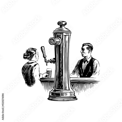Elegant vintage engraved emblem of a lively bar scene featuring a bartender serving a drink