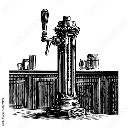 Vintage engraved illustration of a classic beer tap with barrels in a rustic setting