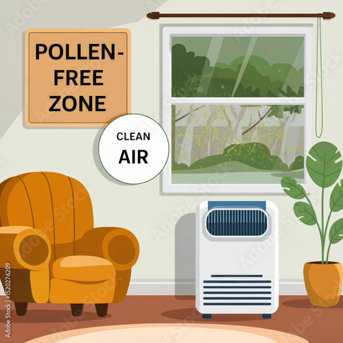 Clean Indoor Air – “Pollen-Free Zone” Cartoon Allergy Awareness Illustration