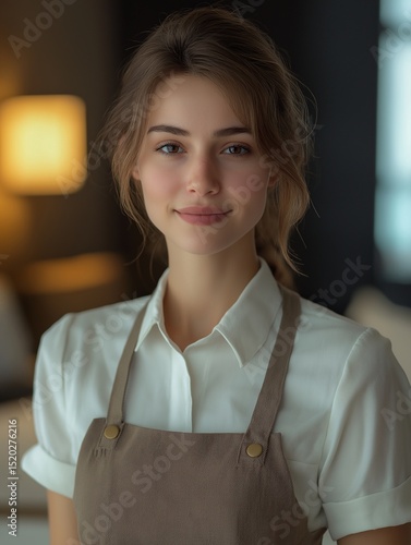 Cheerful Young Woman Barista in Apron. Portrait of Hospitality and Customer Service Excellence in Cozy Cafe