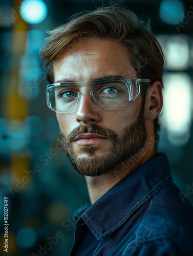 Confident Hipster Male with Beard and Glasses. Modern Urban Portrait in Studio Lighting