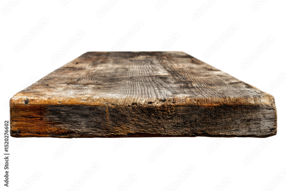 Fototapeta premium Rustic wooden plank with weathered texture and detailed grain pattern, cut out