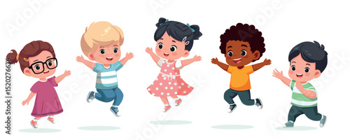 little kids jumping  with friends  and feel happy cartoon vector flat design